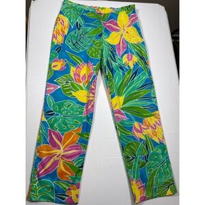 Lauren Ralph Lauren Tropical Floral Monstera Print Pants Blue Green Resort 10